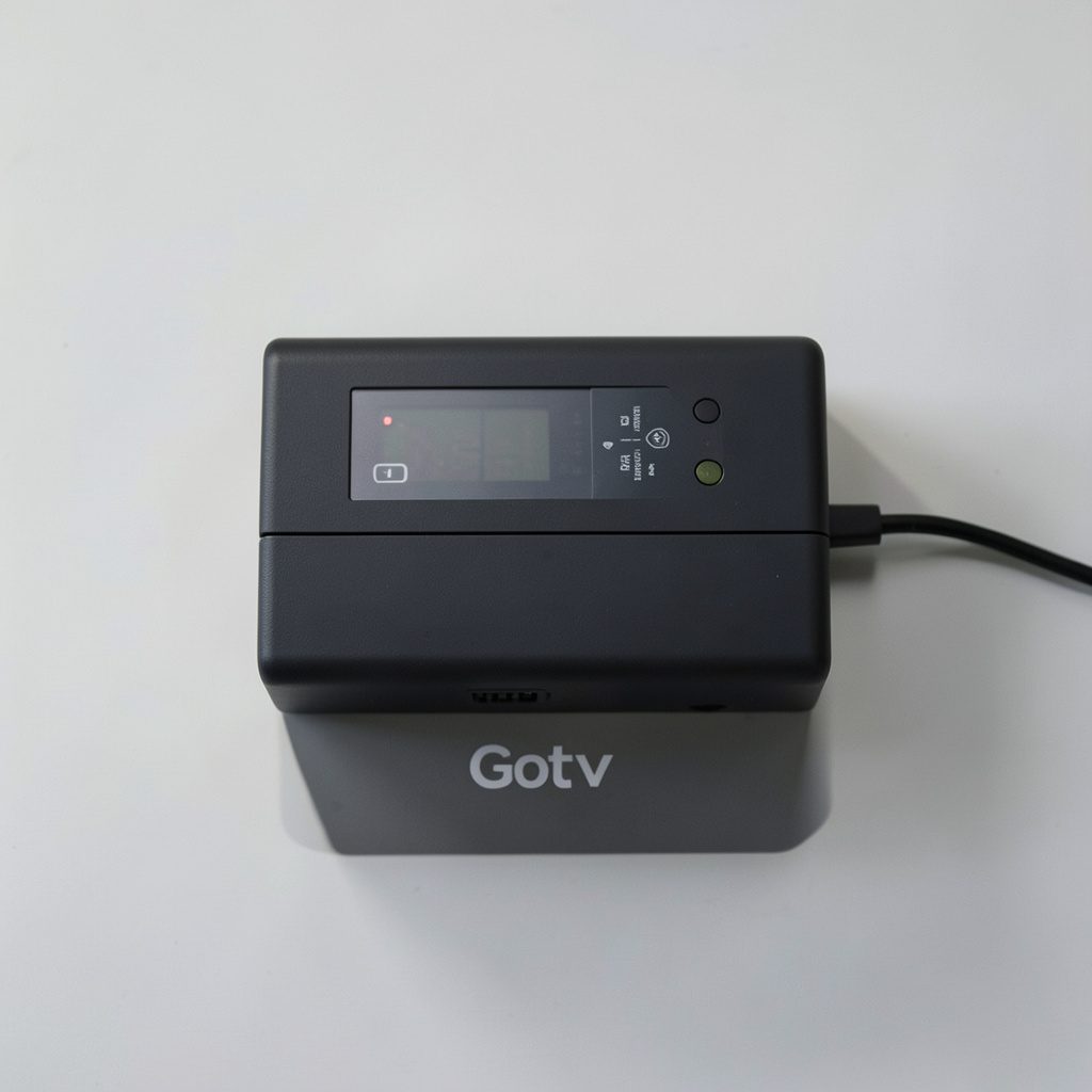 Close-up of a digital TV decoder with subtle amber indicator light against a dark background, calm and technical mood.