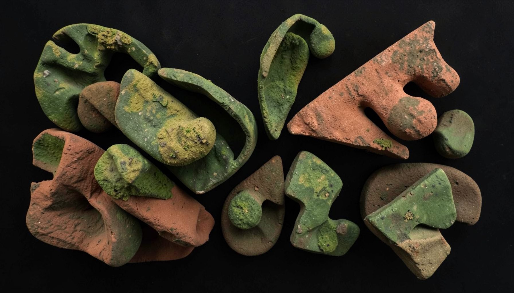 Abstract arrangement of earthy green and terracotta shapes on a dark background, conveying growth and grounded living