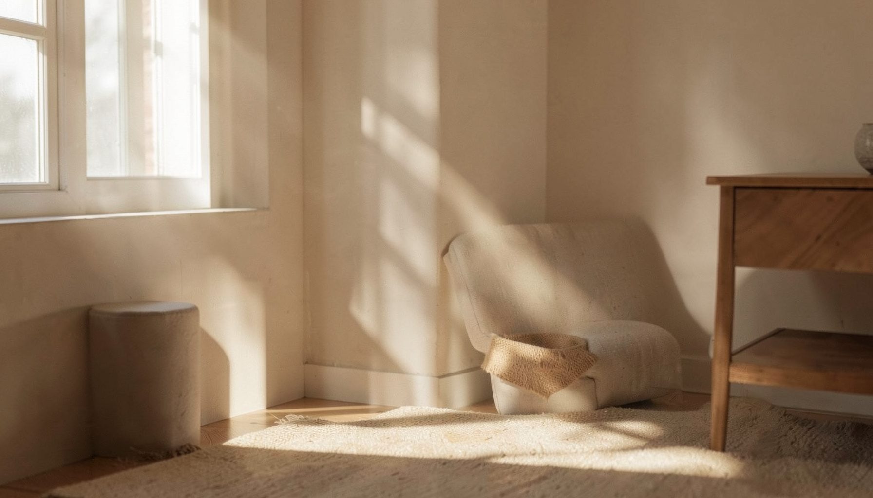 Soft natural light falling across a simple indoor setting with neutral beige and warm brown tones, suggesting a peaceful home environment
