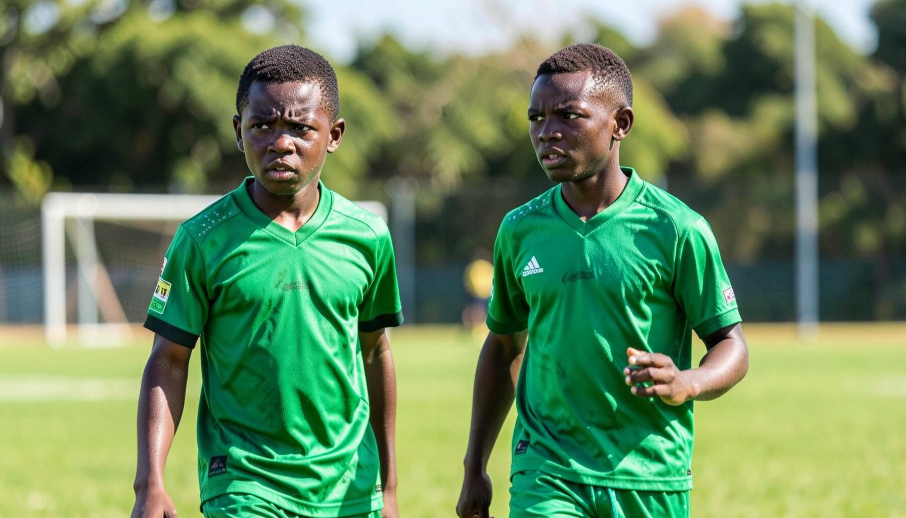 Two young Nigerian footballers in green training kits on a sunlit pitch, looking focused and determined.