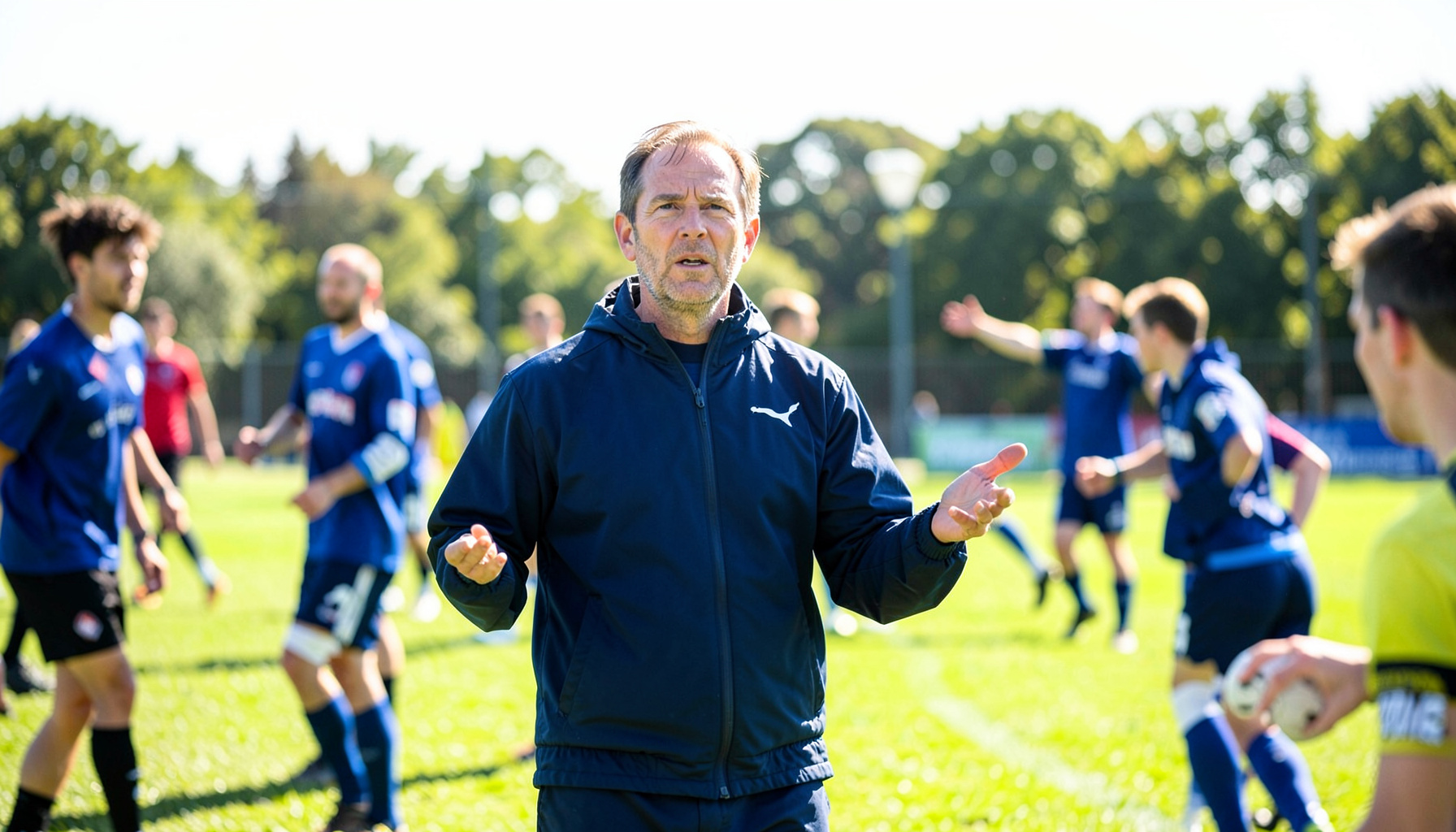 A manager in a navy blue training jacket on the training ground, gesturing to players, bright morning light across the pitch.