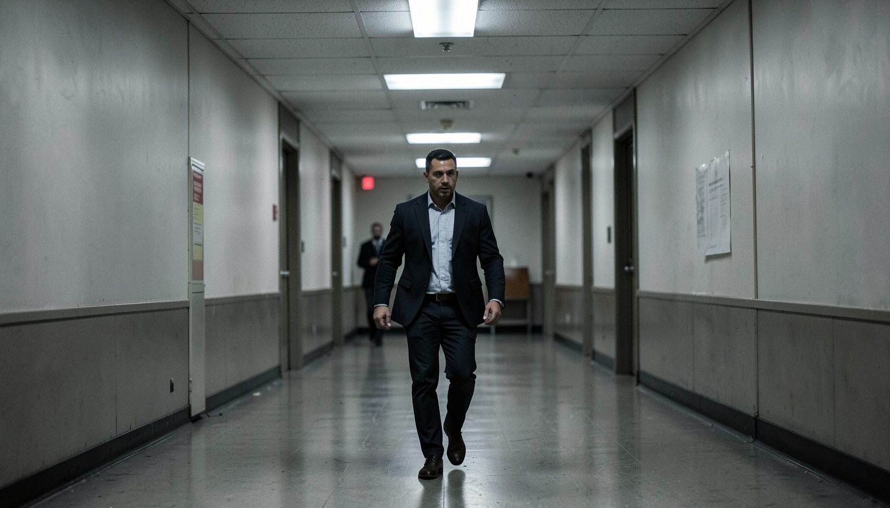 A footballer in a dark blazer walking through a courthouse corridor, muted grey tones with harsh overhead fluorescent light.