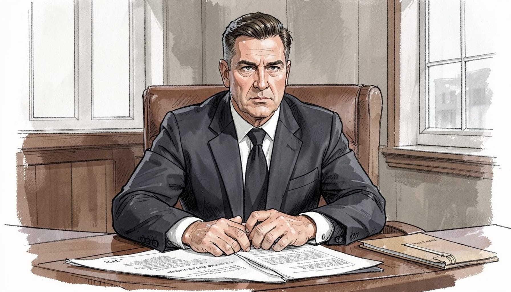 A courtroom sketch aesthetic with a football legend in a dark suit, muted browns and greys, legal documents on a table.